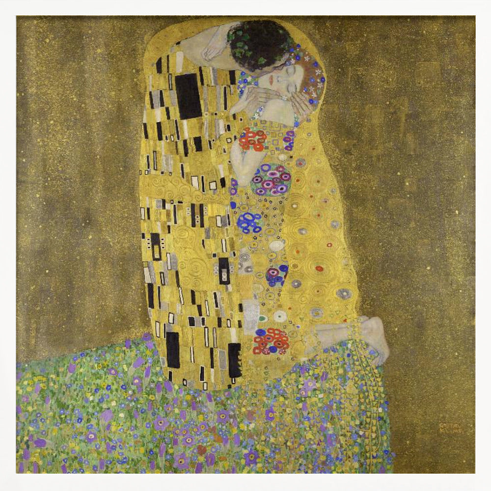 A framed print of Gustav Klimt's famous painting, 'The Kiss'. It features a couple in a passionate embrace, adorned in ornate, patterned golden robes. They are kneeling on a vibrant bed of flowers against a shimmering, textured gold background. Print