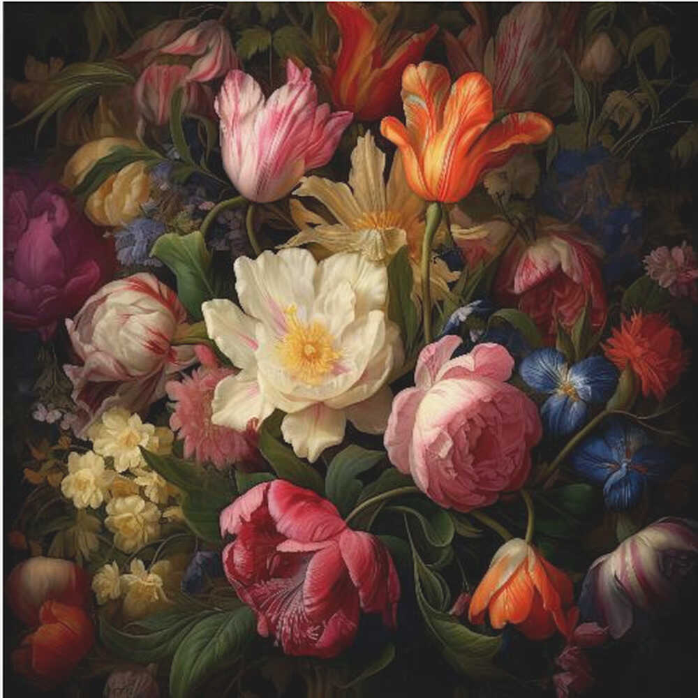 A lush bouquet of colorful tulips and peonies in a dark, vintage still life painting.