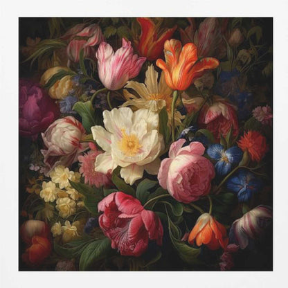 A lush bouquet of colorful tulips and peonies in a dark, vintage still life painting.