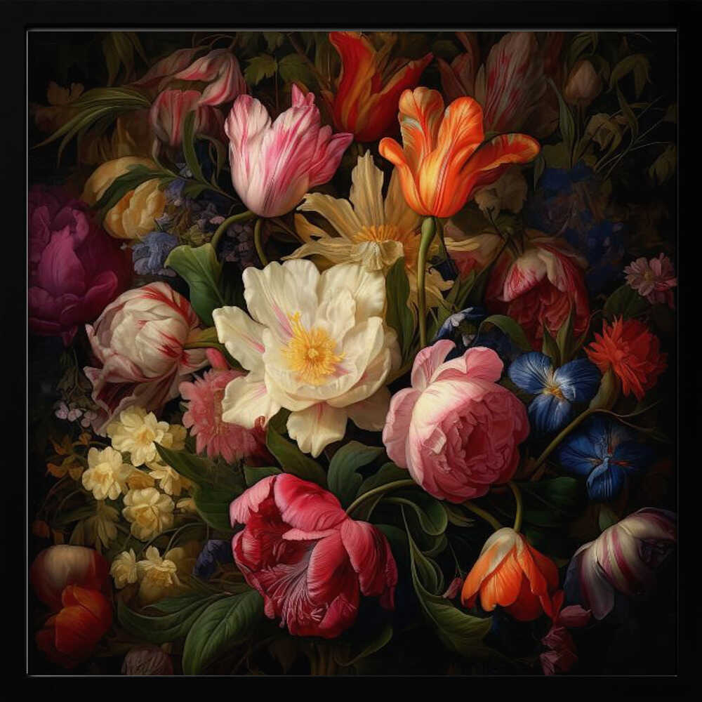 A lush bouquet of colorful tulips and peonies in a dark, vintage still life painting.