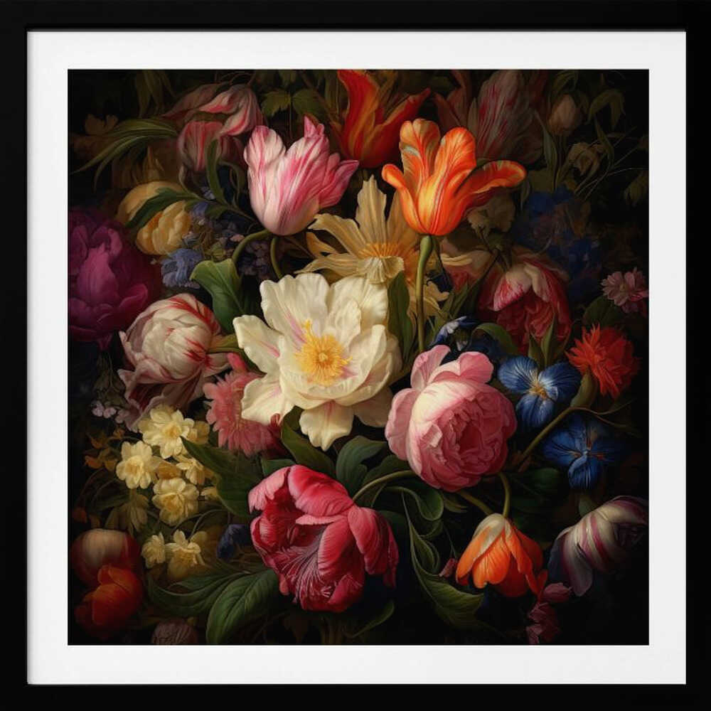A lush bouquet of colorful tulips and peonies in a dark, vintage still life painting.
