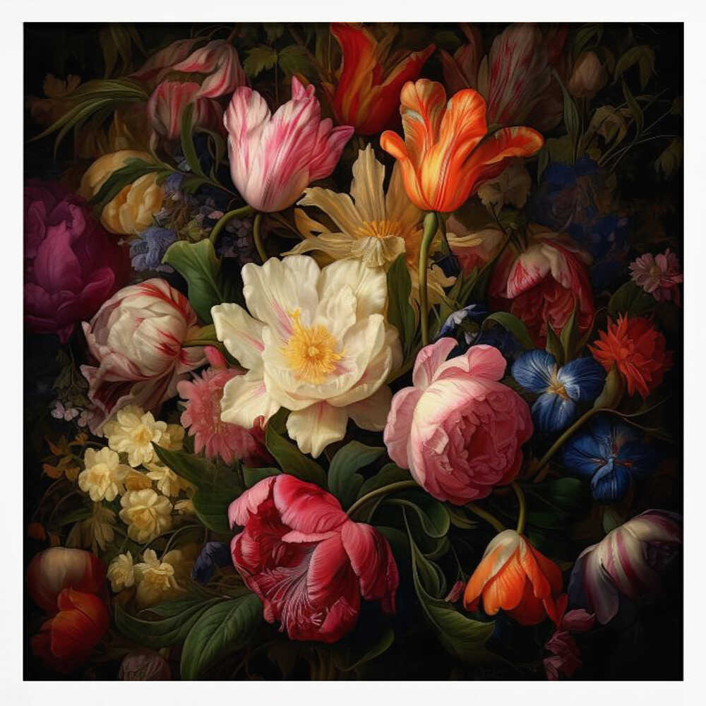 A lush bouquet of colorful tulips and peonies in a dark, vintage still life painting.