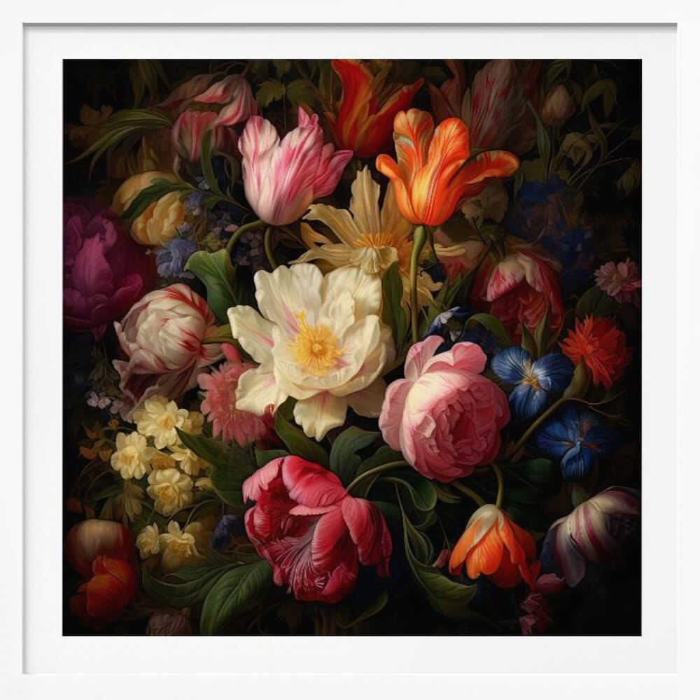A lush bouquet of colorful tulips and peonies in a dark, vintage still life painting.