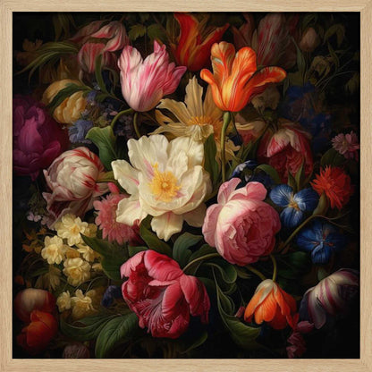 A lush bouquet of colorful tulips and peonies in a dark, vintage still life painting.