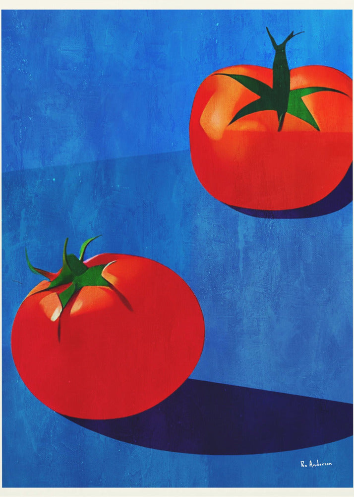 A vibrant, graphic-style painting of two ripe red tomatoes with green stems set against a textured, bold blue background. The tomatoes cast long, dark blue shadows, creating a high-contrast and modern still life. Decor