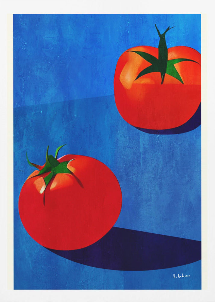 A vibrant, graphic-style painting of two ripe red tomatoes with green stems set against a textured, bold blue background. The tomatoes cast long, dark blue shadows, creating a high-contrast and modern still life. Decor