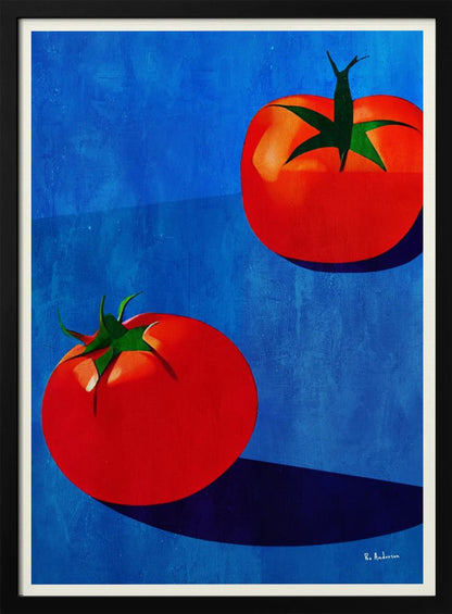 A vibrant, graphic-style painting of two ripe red tomatoes with green stems set against a textured, bold blue background. The tomatoes cast long, dark blue shadows, creating a high-contrast and modern still life. Decor