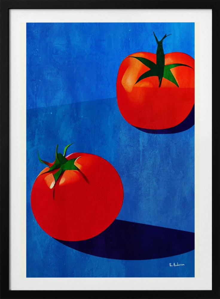 A vibrant, graphic-style painting of two ripe red tomatoes with green stems set against a textured, bold blue background. The tomatoes cast long, dark blue shadows, creating a high-contrast and modern still life. Decor