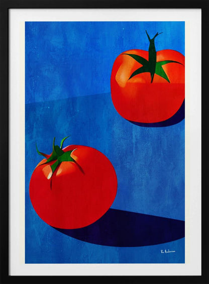 A vibrant, graphic-style painting of two ripe red tomatoes with green stems set against a textured, bold blue background. The tomatoes cast long, dark blue shadows, creating a high-contrast and modern still life. Decor