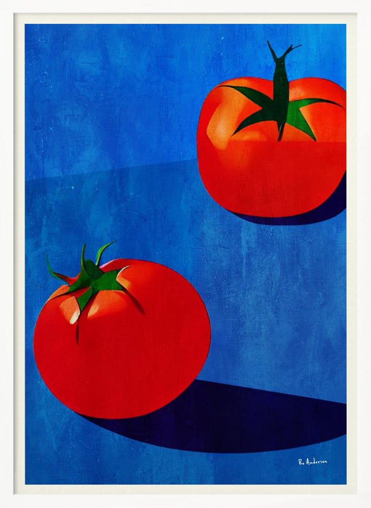 A vibrant, graphic-style painting of two ripe red tomatoes with green stems set against a textured, bold blue background. The tomatoes cast long, dark blue shadows, creating a high-contrast and modern still life. Decor