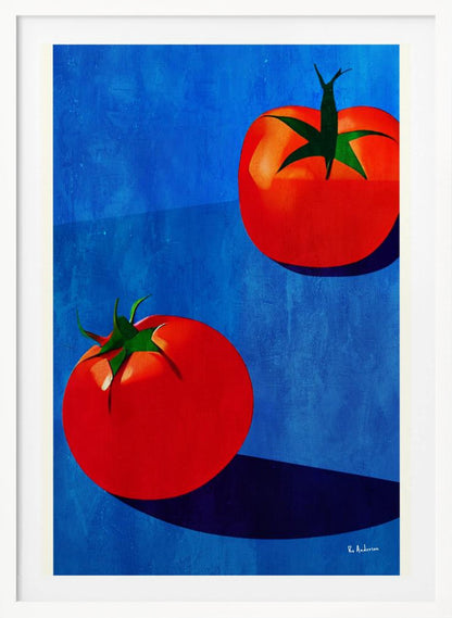 A vibrant, graphic-style painting of two ripe red tomatoes with green stems set against a textured, bold blue background. The tomatoes cast long, dark blue shadows, creating a high-contrast and modern still life. Decor