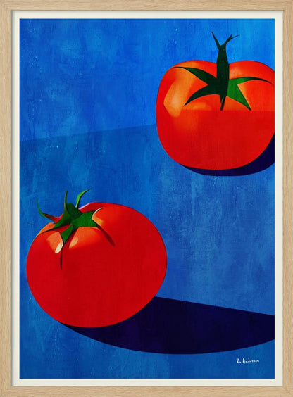 A vibrant, graphic-style painting of two ripe red tomatoes with green stems set against a textured, bold blue background. The tomatoes cast long, dark blue shadows, creating a high-contrast and modern still life. Decor