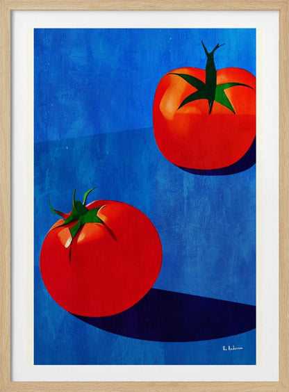 A vibrant, graphic-style painting of two ripe red tomatoes with green stems set against a textured, bold blue background. The tomatoes cast long, dark blue shadows, creating a high-contrast and modern still life. Decor