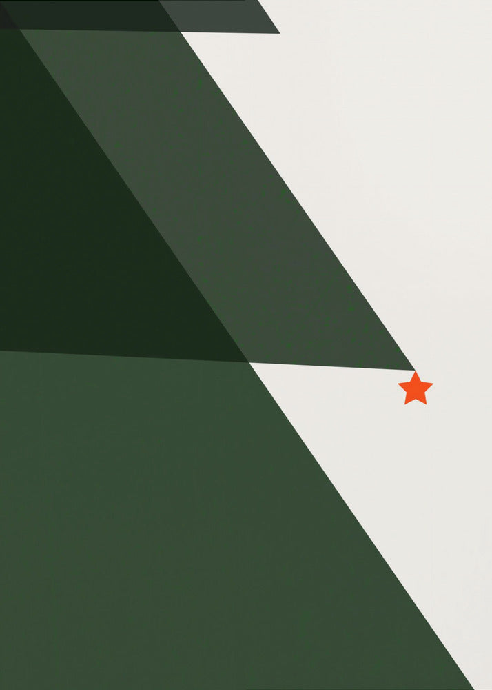 A minimalist abstract painting of a Christmas tree, created with large dark green triangles against a white background, accented with a single small red star. The artwork is presented in a simple black frame. Print