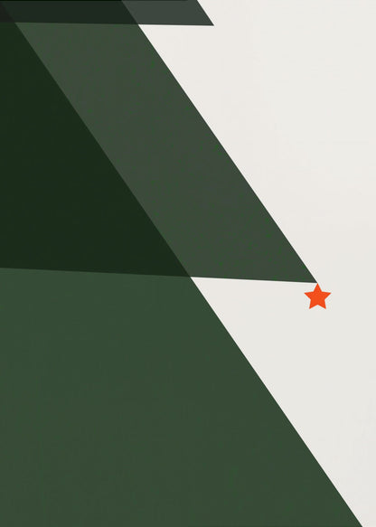 A minimalist abstract painting of a Christmas tree, created with large dark green triangles against a white background, accented with a single small red star. The artwork is presented in a simple black frame. Print