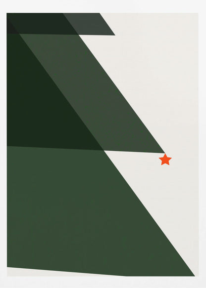 A minimalist abstract painting of a Christmas tree, created with large dark green triangles against a white background, accented with a single small red star. The artwork is presented in a simple black frame. Print