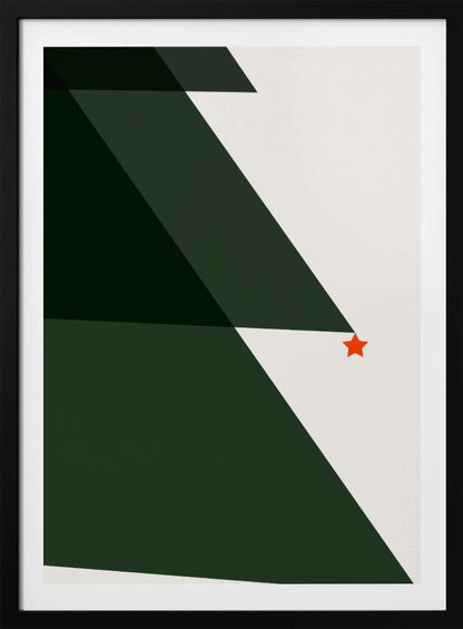A minimalist abstract painting of a Christmas tree, created with large dark green triangles against a white background, accented with a single small red star. The artwork is presented in a simple black frame. Print