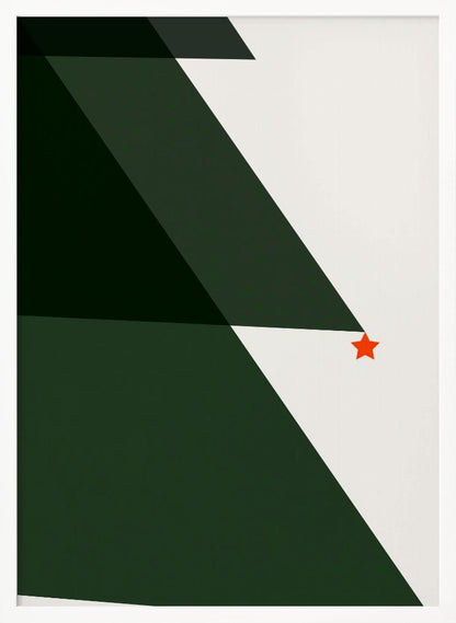 A minimalist abstract painting of a Christmas tree, created with large dark green triangles against a white background, accented with a single small red star. The artwork is presented in a simple black frame. Print