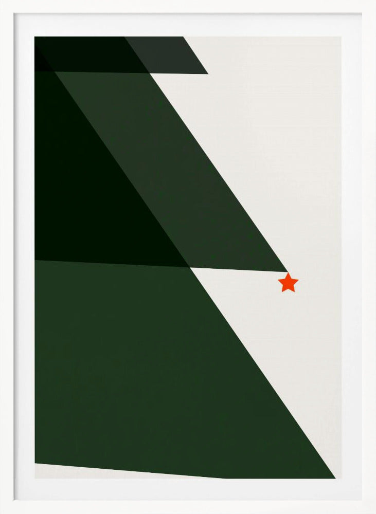 A minimalist abstract painting of a Christmas tree, created with large dark green triangles against a white background, accented with a single small red star. The artwork is presented in a simple black frame. Print