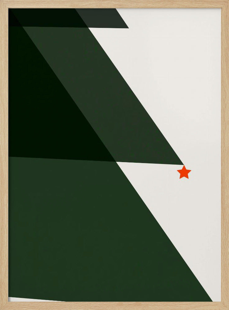 A minimalist abstract painting of a Christmas tree, created with large dark green triangles against a white background, accented with a single small red star. The artwork is presented in a simple black frame. Print