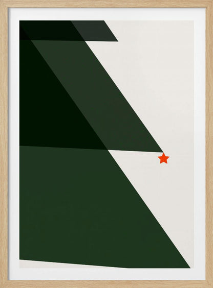 A minimalist abstract painting of a Christmas tree, created with large dark green triangles against a white background, accented with a single small red star. The artwork is presented in a simple black frame. Print
