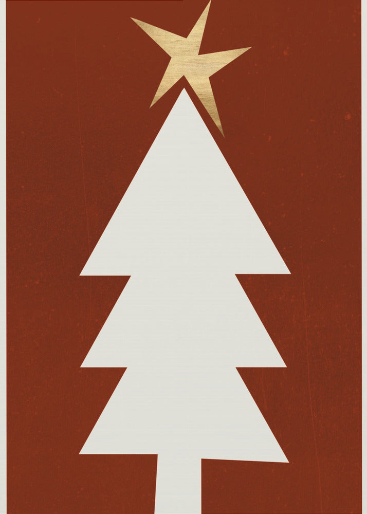 A minimalist graphic illustration of a white Christmas tree with a gold star on top, set against a dark red, textured background and framed in black. Artwork