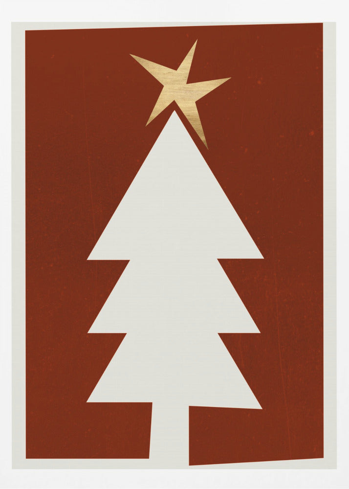 A minimalist graphic illustration of a white Christmas tree with a gold star on top, set against a dark red, textured background and framed in black. Artwork