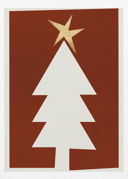 A minimalist graphic illustration of a white Christmas tree with a gold star on top, set against a dark red, textured background and framed in black. Artwork