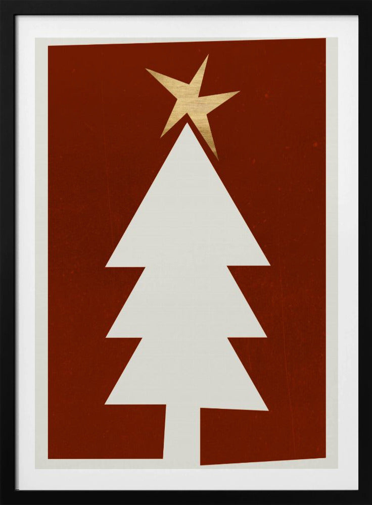 A minimalist graphic illustration of a white Christmas tree with a gold star on top, set against a dark red, textured background and framed in black. Artwork