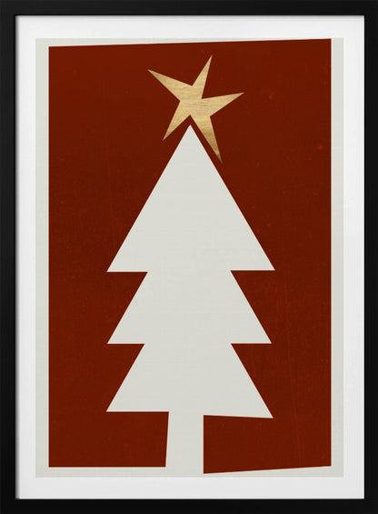 A minimalist graphic illustration of a white Christmas tree with a gold star on top, set against a dark red, textured background and framed in black. Artwork