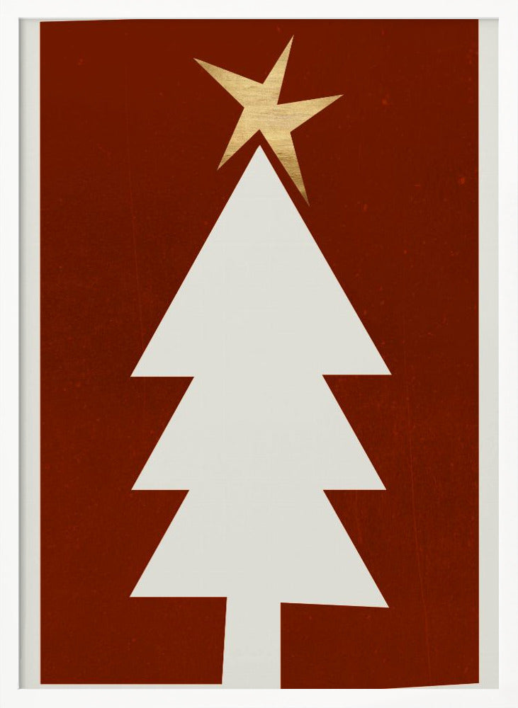 A minimalist graphic illustration of a white Christmas tree with a gold star on top, set against a dark red, textured background and framed in black. Artwork