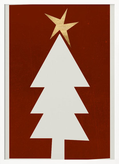A minimalist graphic illustration of a white Christmas tree with a gold star on top, set against a dark red, textured background and framed in black. Artwork
