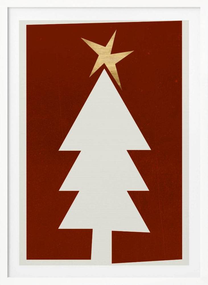 A minimalist graphic illustration of a white Christmas tree with a gold star on top, set against a dark red, textured background and framed in black. Artwork