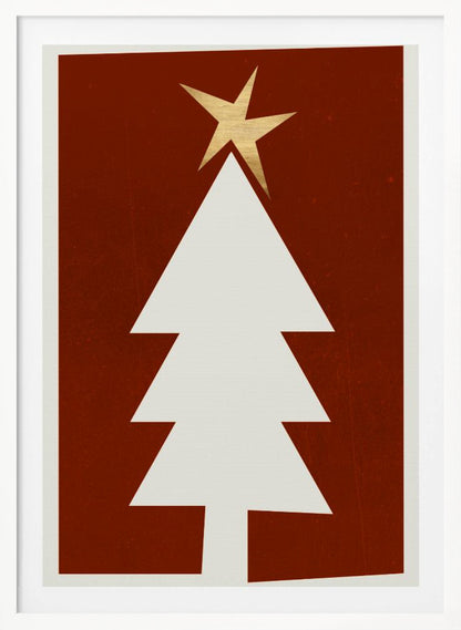 A minimalist graphic illustration of a white Christmas tree with a gold star on top, set against a dark red, textured background and framed in black. Artwork