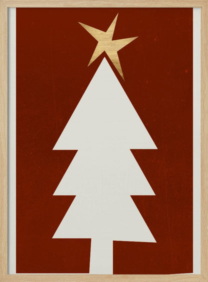 A minimalist graphic illustration of a white Christmas tree with a gold star on top, set against a dark red, textured background and framed in black. Artwork