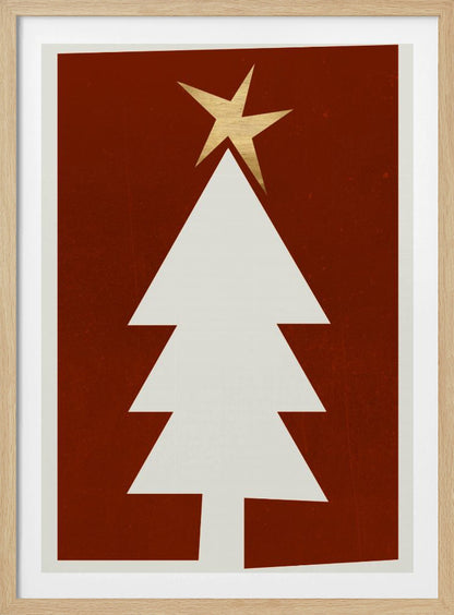 A minimalist graphic illustration of a white Christmas tree with a gold star on top, set against a dark red, textured background and framed in black. Artwork