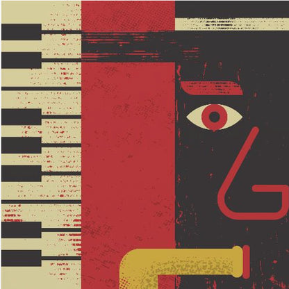 A framed abstract jazz music poster featuring a stylized musician's face, a piano keyboard, and a saxophone. The artwork uses a distressed texture with bold red, black, and cream colors for a vintage feel. Decor