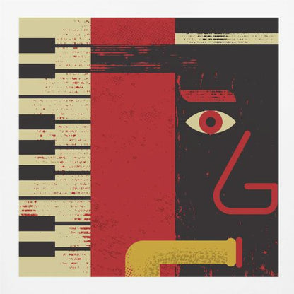 A framed abstract jazz music poster featuring a stylized musician's face, a piano keyboard, and a saxophone. The artwork uses a distressed texture with bold red, black, and cream colors for a vintage feel. Decor
