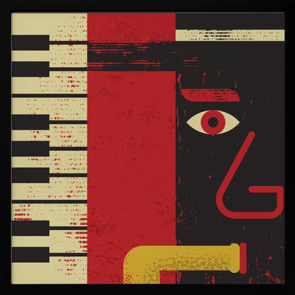 A framed abstract jazz music poster featuring a stylized musician's face, a piano keyboard, and a saxophone. The artwork uses a distressed texture with bold red, black, and cream colors for a vintage feel. Decor