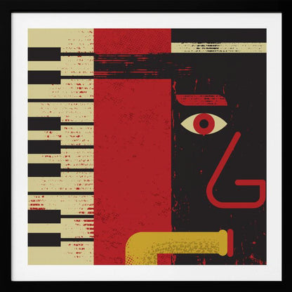 A framed abstract jazz music poster featuring a stylized musician's face, a piano keyboard, and a saxophone. The artwork uses a distressed texture with bold red, black, and cream colors for a vintage feel. Decor