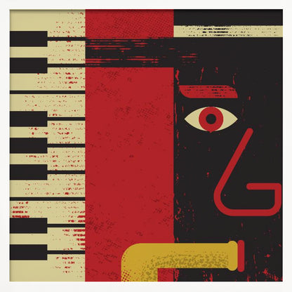 A framed abstract jazz music poster featuring a stylized musician's face, a piano keyboard, and a saxophone. The artwork uses a distressed texture with bold red, black, and cream colors for a vintage feel. Decor