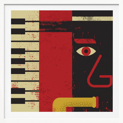 A framed abstract jazz music poster featuring a stylized musician's face, a piano keyboard, and a saxophone. The artwork uses a distressed texture with bold red, black, and cream colors for a vintage feel. Decor
