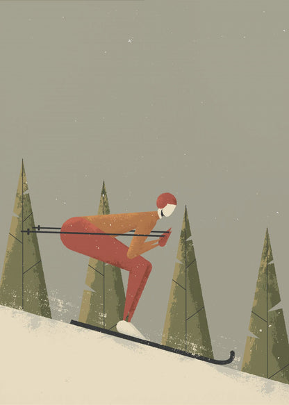 A minimalist illustration of a skier in a red and orange suit, tucked low while skiing down a snowy slope. Stylized green pine trees stand in the background against a muted gray sky with light snowfall, creating a vintage poster aesthetic. Wall Art