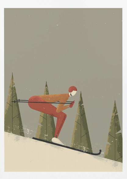A minimalist illustration of a skier in a red and orange suit, tucked low while skiing down a snowy slope. Stylized green pine trees stand in the background against a muted gray sky with light snowfall, creating a vintage poster aesthetic. Wall Art