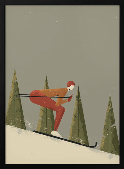 A minimalist illustration of a skier in a red and orange suit, tucked low while skiing down a snowy slope. Stylized green pine trees stand in the background against a muted gray sky with light snowfall, creating a vintage poster aesthetic. Wall Art