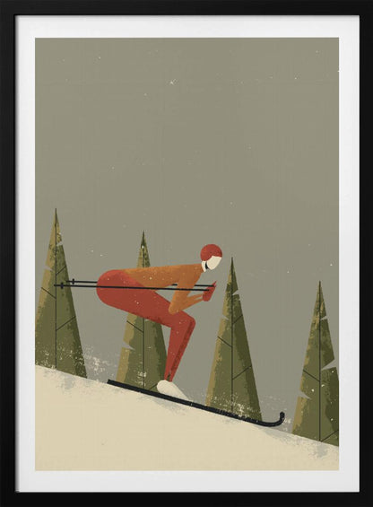 A minimalist illustration of a skier in a red and orange suit, tucked low while skiing down a snowy slope. Stylized green pine trees stand in the background against a muted gray sky with light snowfall, creating a vintage poster aesthetic. Wall Art