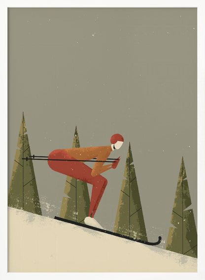 A minimalist illustration of a skier in a red and orange suit, tucked low while skiing down a snowy slope. Stylized green pine trees stand in the background against a muted gray sky with light snowfall, creating a vintage poster aesthetic. Wall Art