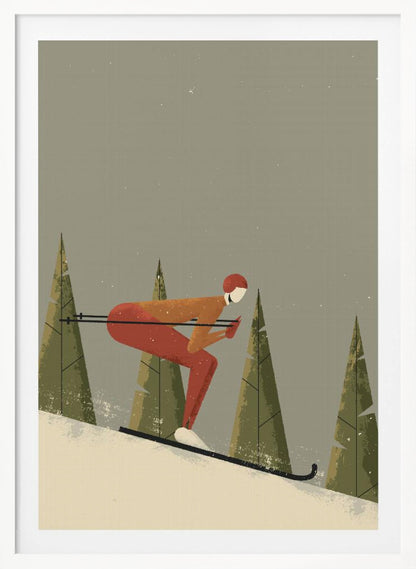 A minimalist illustration of a skier in a red and orange suit, tucked low while skiing down a snowy slope. Stylized green pine trees stand in the background against a muted gray sky with light snowfall, creating a vintage poster aesthetic. Wall Art