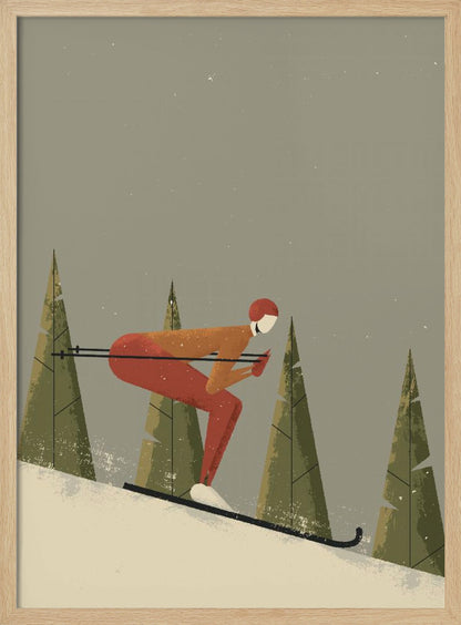 A minimalist illustration of a skier in a red and orange suit, tucked low while skiing down a snowy slope. Stylized green pine trees stand in the background against a muted gray sky with light snowfall, creating a vintage poster aesthetic. Wall Art