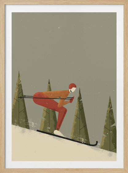 A minimalist illustration of a skier in a red and orange suit, tucked low while skiing down a snowy slope. Stylized green pine trees stand in the background against a muted gray sky with light snowfall, creating a vintage poster aesthetic. Wall Art